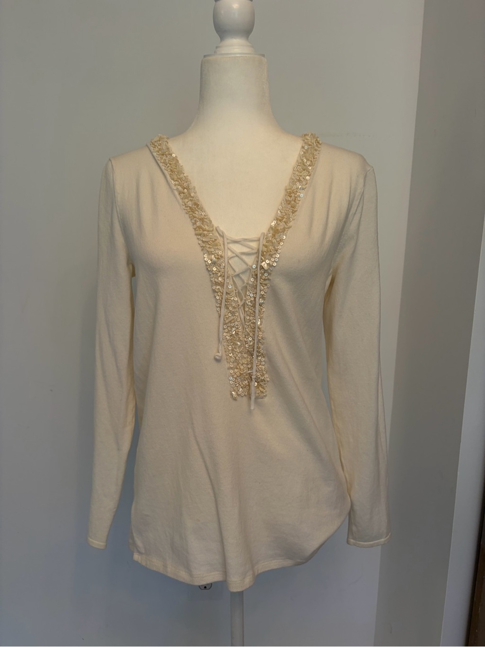 Magaschoni Cream Lace-Up Long Sleeve Top with Sequin Trim
